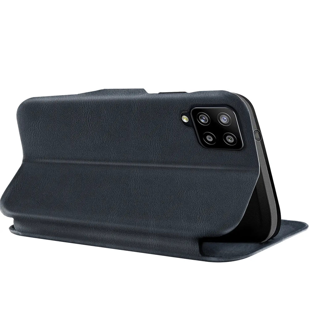 Dunkelblaue Leder-Klapphülle mit Kartenfach, Samsung Galaxy A42 5G, Seitenansicht.