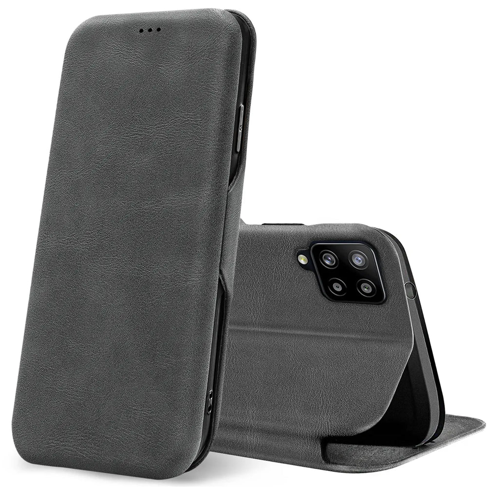 Graue Kunstleder-Klapphülle für Samsung Galaxy A42 5G, Rückseite mit Kamera, von vorne links