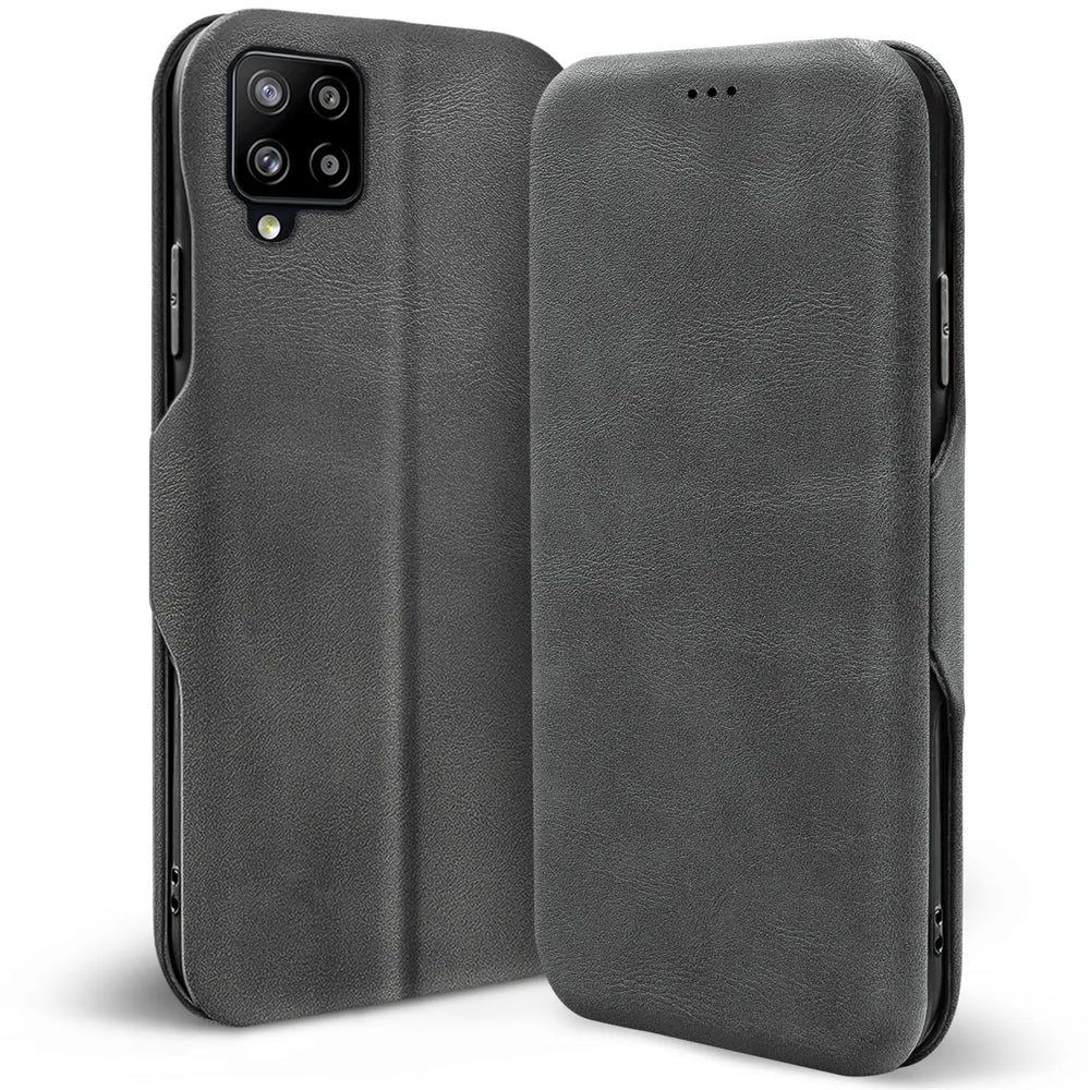 Graue Kunstleder-Klapphülle für Samsung Galaxy A42 5G, Vorder- und Rückansicht.