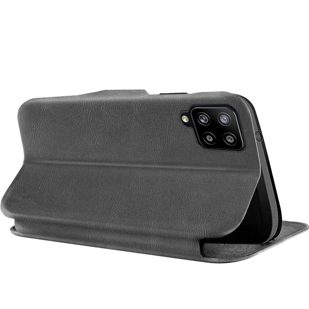 Graue Kunstleder-Klapphülle mit Kartenfach, Rückansicht, Samsung Galaxy A42 5G.