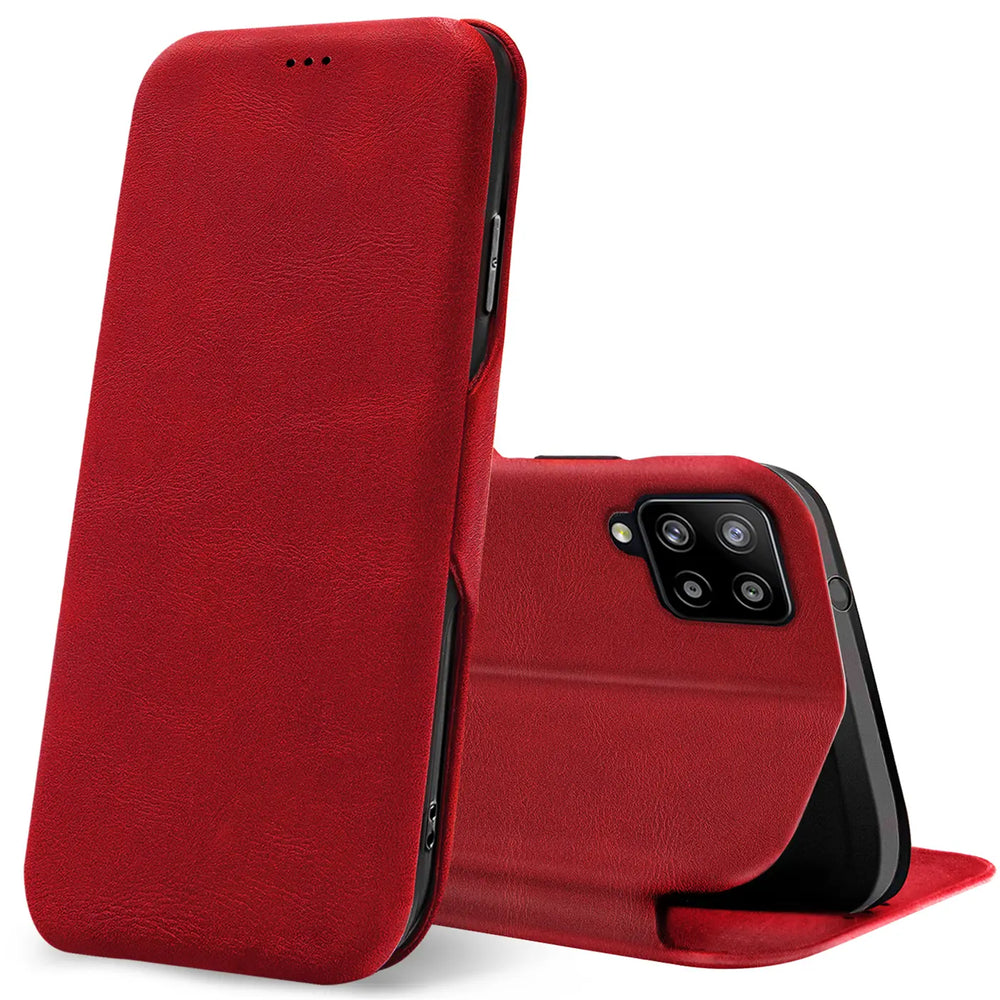 Rote Kunstleder-Klapphülle mit Kartenfach, zeigt Rückseite Samsung Galaxy A42 5G.