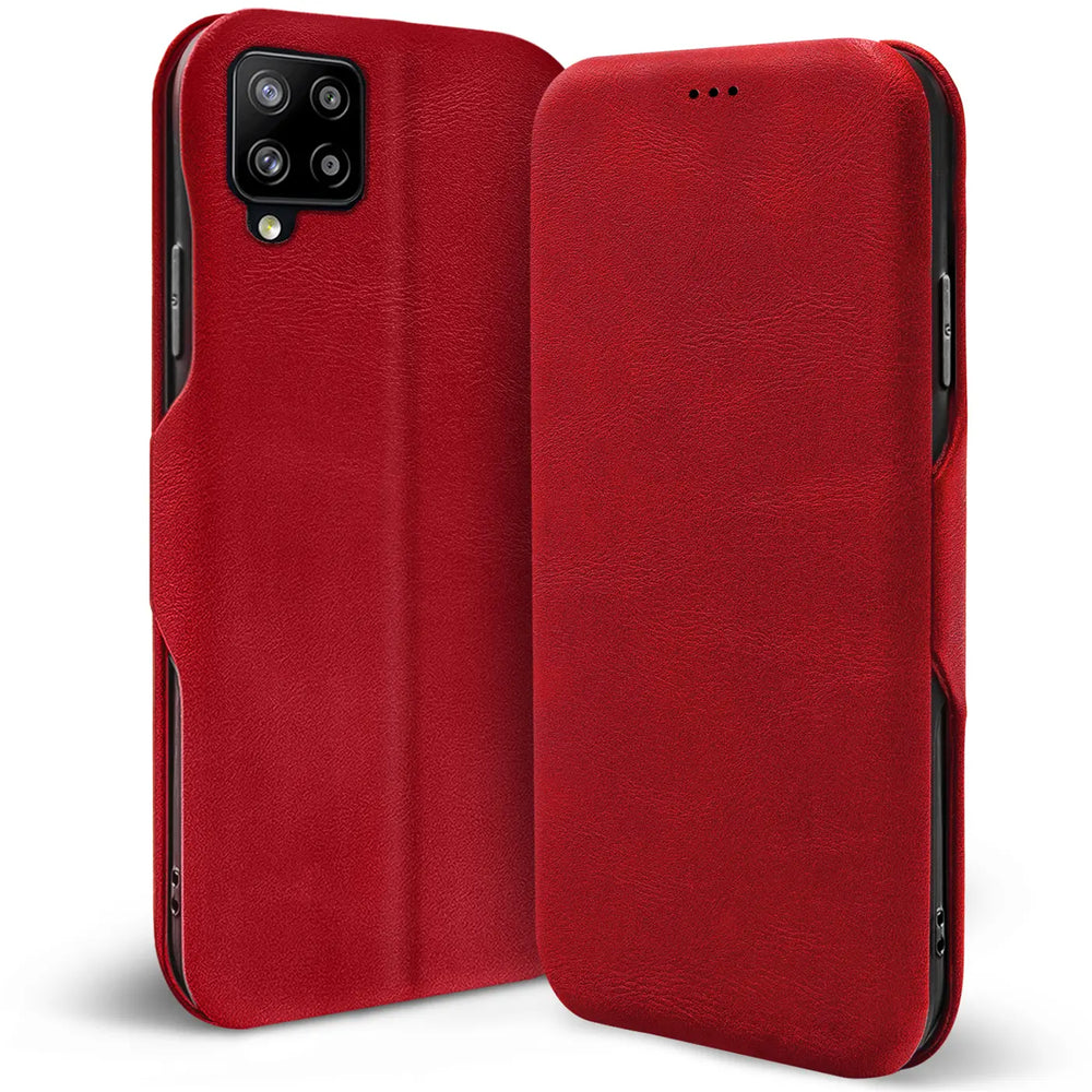 Rote Leder-Klapphülle für Samsung Galaxy A42 5G, Vorder- und Rückansicht