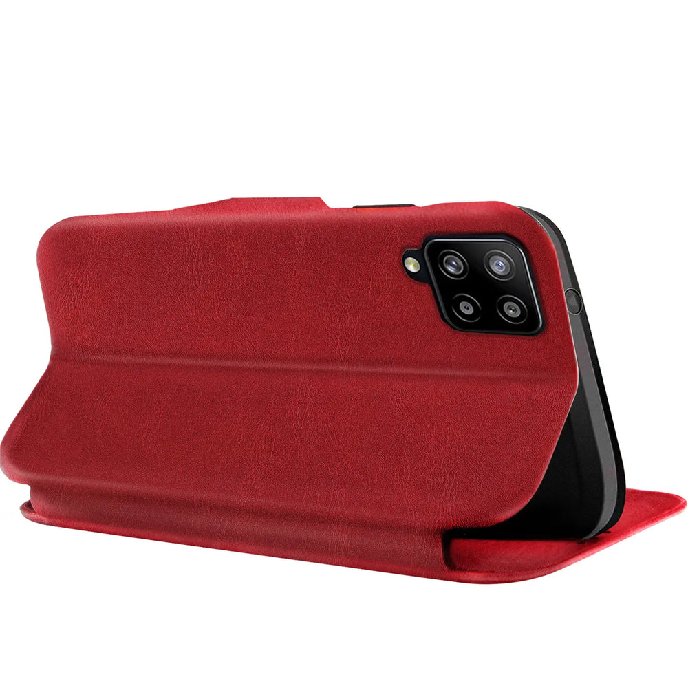 Rote Kunstleder-Klapphülle mit Kartenfach, Samsung Galaxy A42 5G, Seitenansicht.