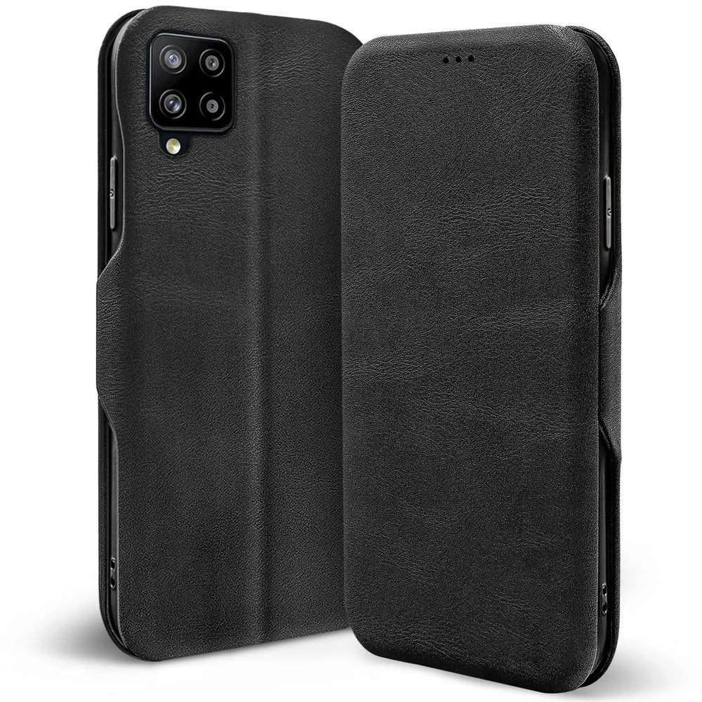 Schwarze Leder-Klapphülle für Samsung Galaxy A42 5G, von vorne/leicht schräg