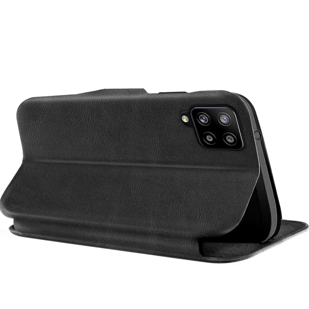 Schwarze Leder-Klapphülle mit Kartenfach für Samsung Galaxy A42 5G, Seitenansicht.