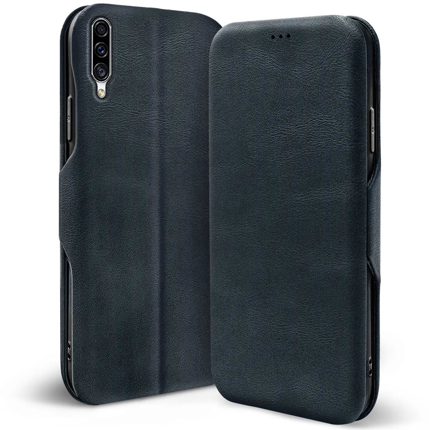 Dunkelblaue Kunstleder-Klapphülle für Samsung Galaxy A50/A30s, Seitenansicht.