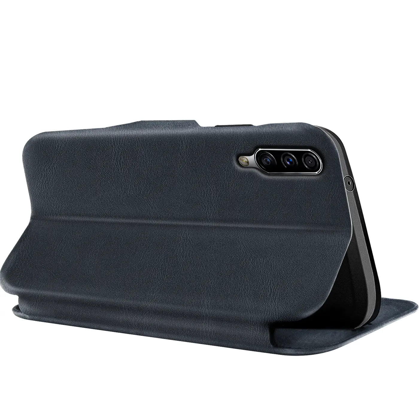 Dunkelblaue Kunstleder-Klapphülle für Samsung Galaxy A50/A30s, von schräg hinten.