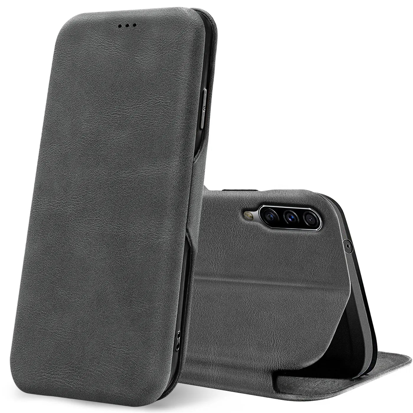Graue Kunstleder-Klapphülle für Samsung Galaxy A50/A30s, von vorne links, Rückseite sichtbar