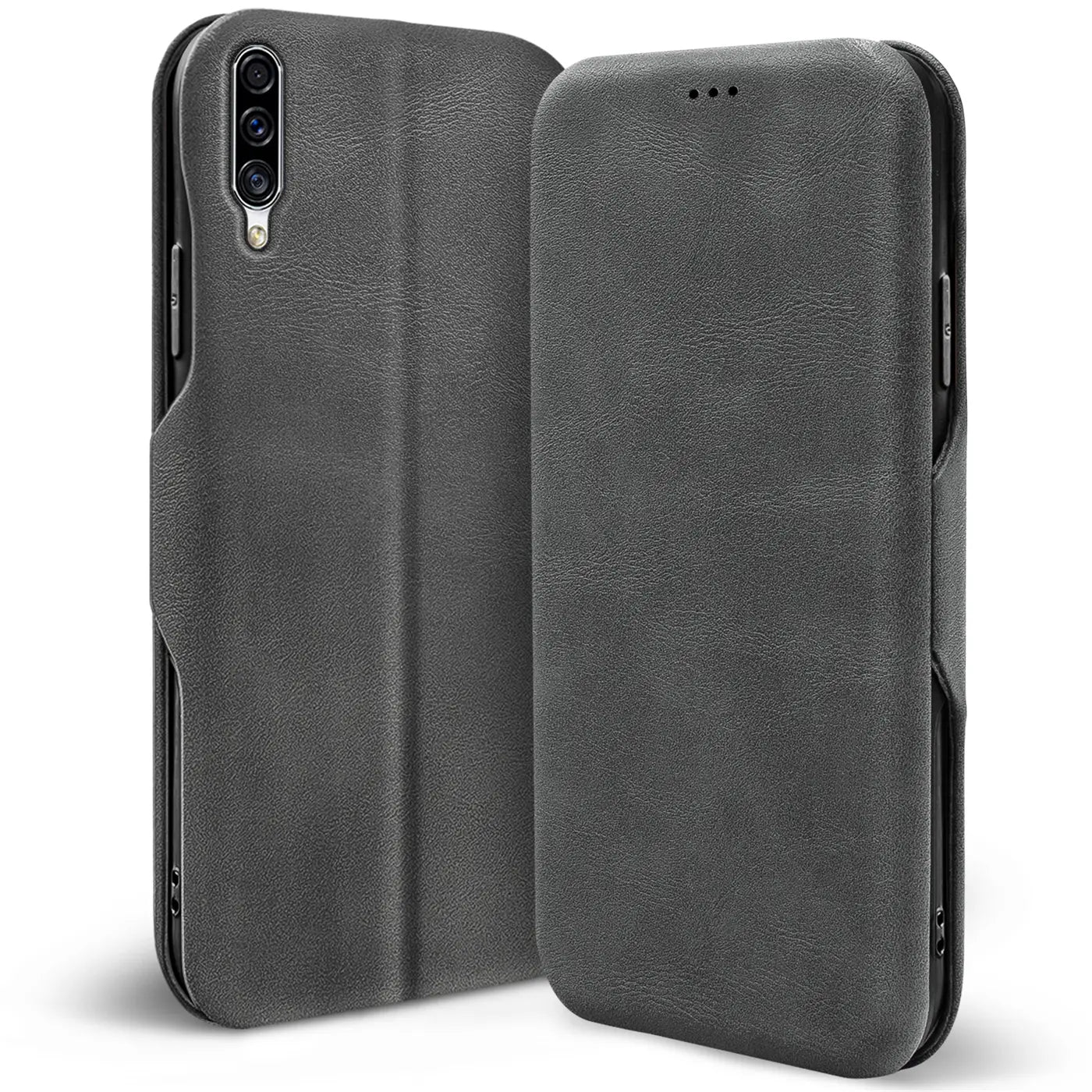 Graue Kunstleder-Klapphülle für Samsung Galaxy A50/A30s, von vorne/seitlich gezeigt.