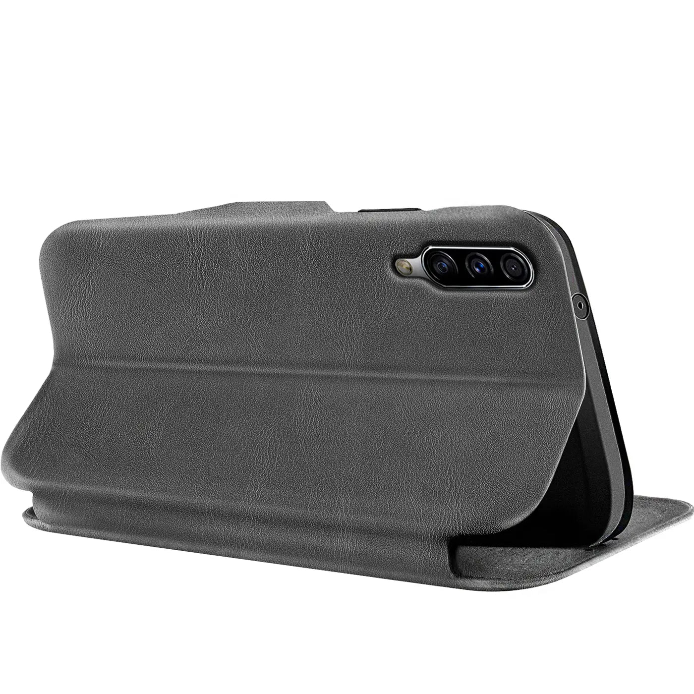 Graue Kunstleder-Klapphülle mit Kartenfach für Samsung Galaxy A50/A30s, Seitenansicht.
