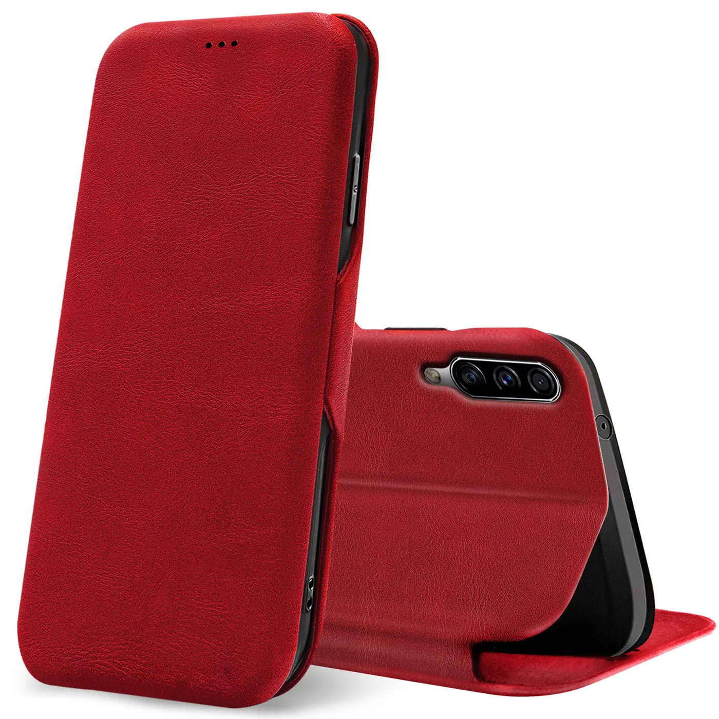 Rote Leder-Klapphülle für Samsung Galaxy A50/A30s, Seitenansicht.