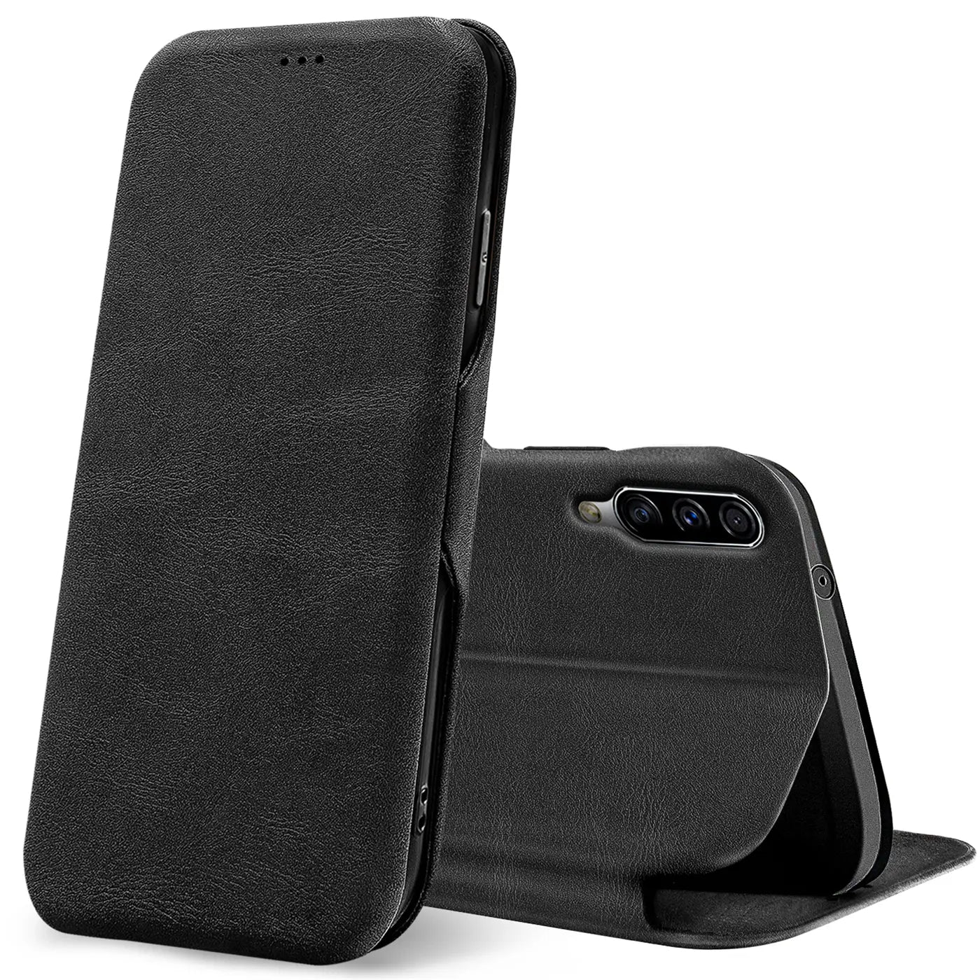Schwarze Leder-Klapphülle mit Kartenfach für Samsung Galaxy A50/A30s, von vorne links