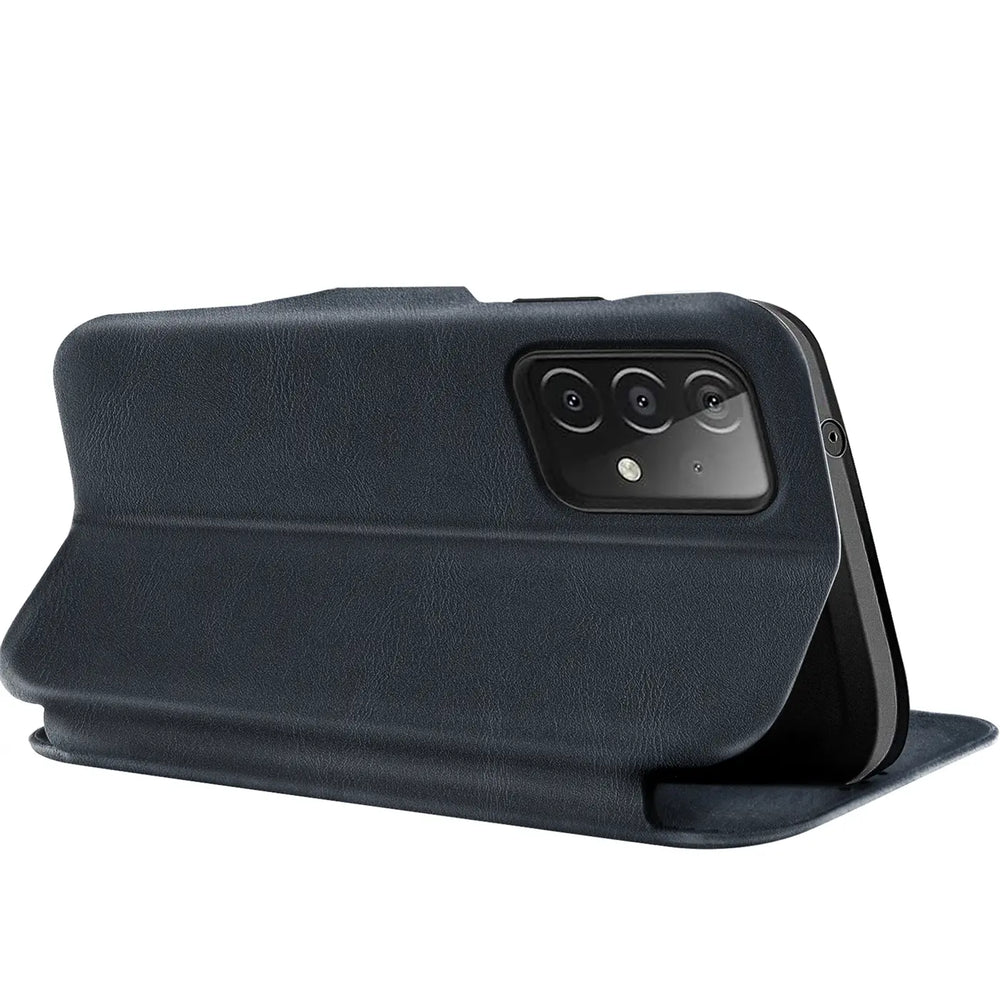 Dunkelblaue Kunstleder-Klapphülle mit Kartenfach, Rückansicht, Samsung Galaxy A52.