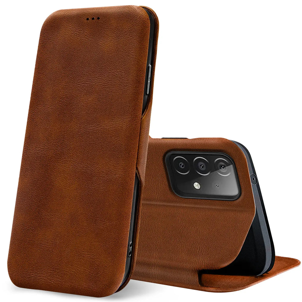 Braune Leder-Klapphülle mit Kartenfach für Samsung Galaxy A52/A52s, von vorne/seitlich