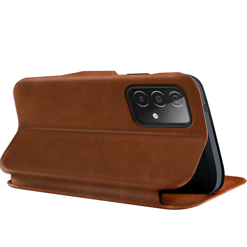 Braune Leder-Klapphülle mit Kartenfach, Seitenansicht, Samsung Galaxy A52.