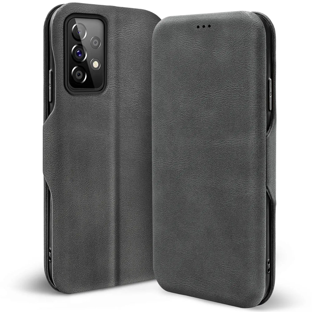 Graue Kunstleder-Klapphülle für Samsung Galaxy A52/A52s 5G, von vorne mit offenem Deckel