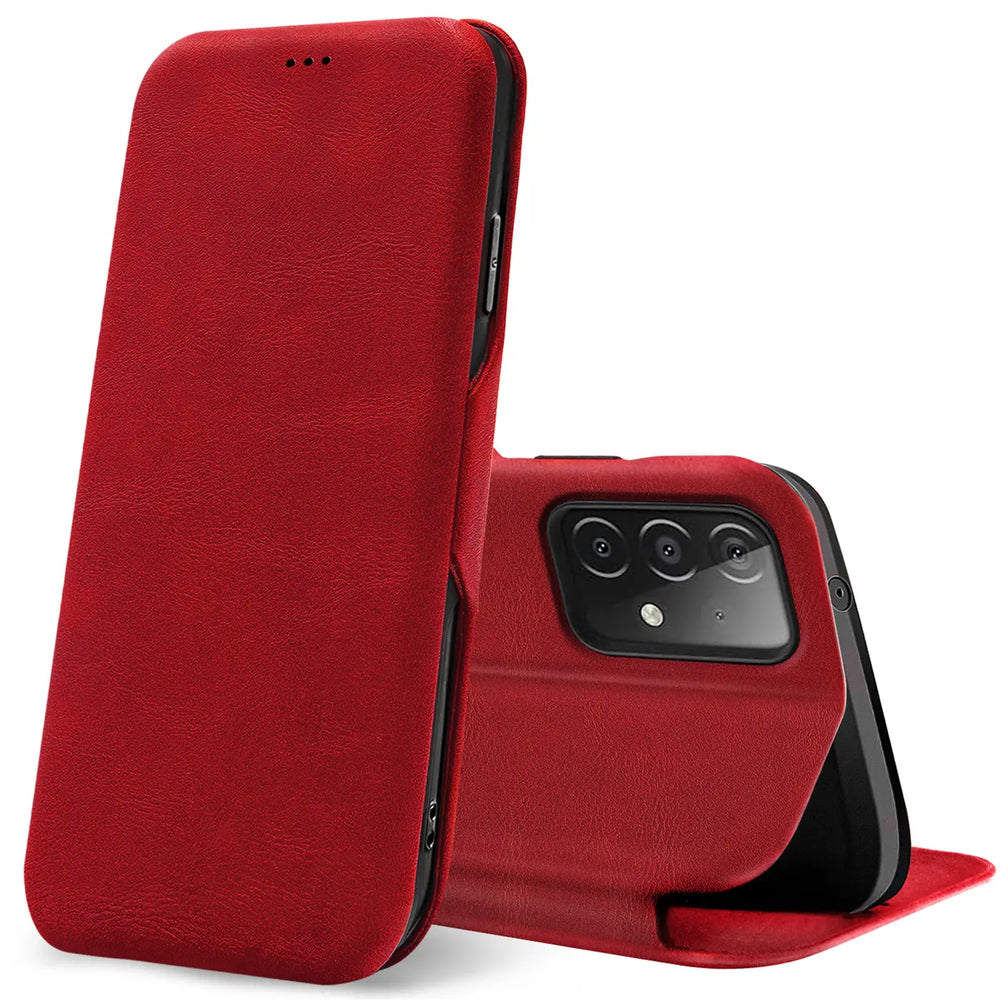 Rote Kunstleder-Klapphülle mit Kartenfach, zeigt Rückseite eines Samsung Galaxy A52.
