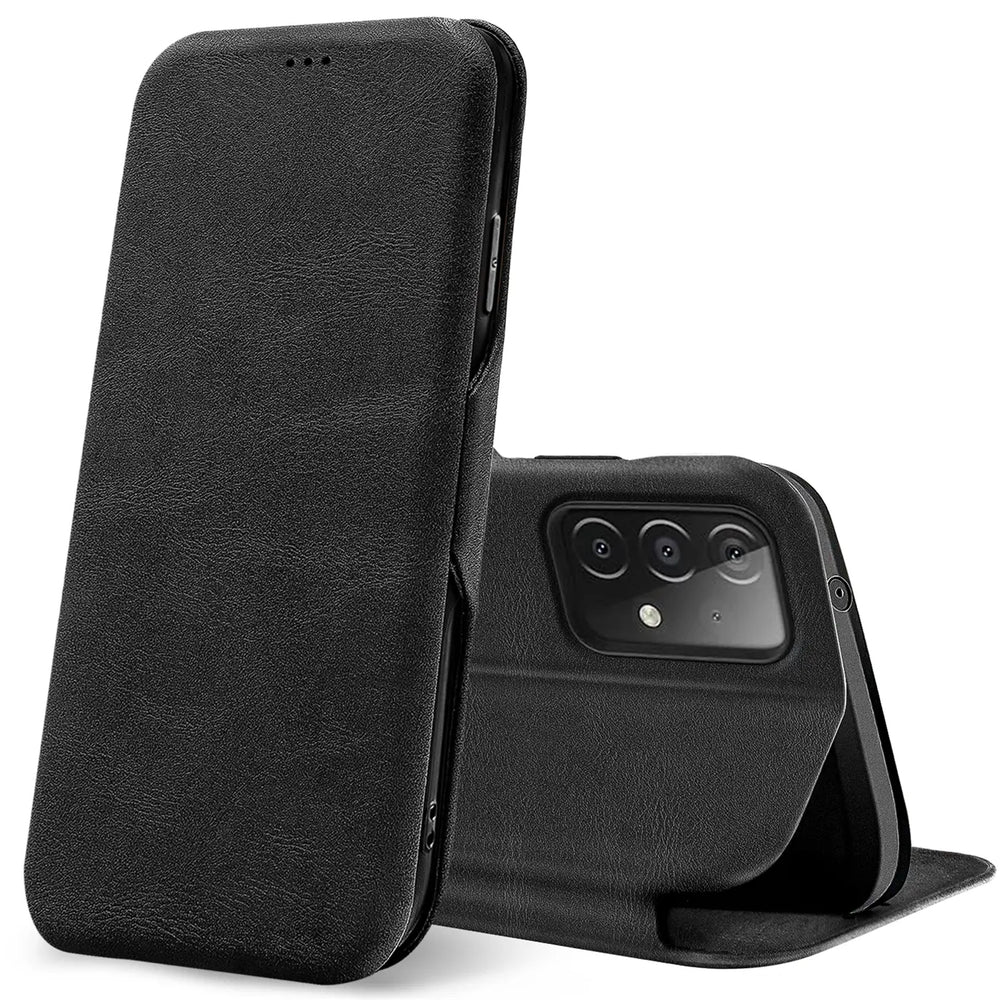 Schwarze Leder-Klapphülle mit Kartenfach, zeigt Rückseite eines Samsung Galaxy A52.