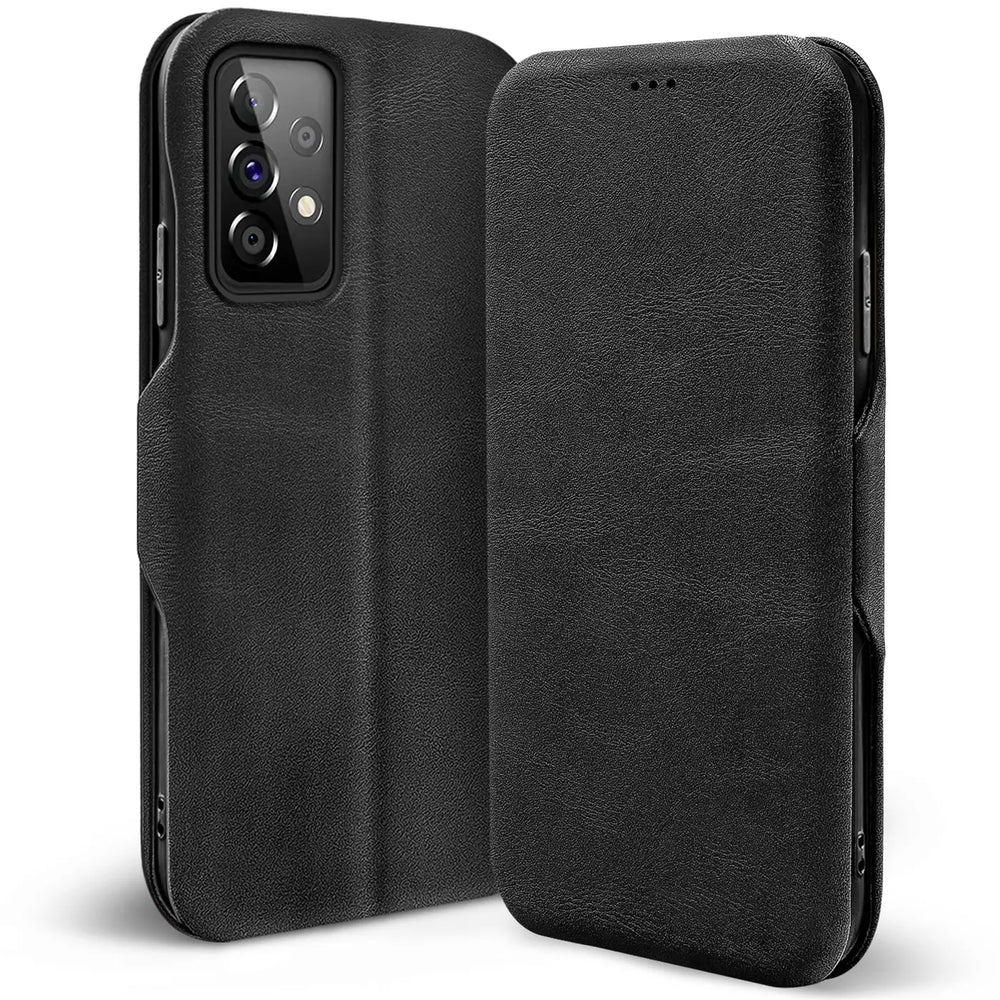 Schwarze Leder-Klapphülle für Samsung Galaxy A52/A52 5G/A52S 5G, von vorne, mit Kartenfach.