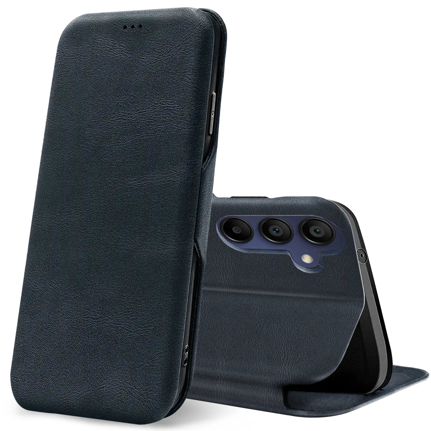Dunkelblaue Leder-Klapphülle mit Kartenfach für Samsung Galaxy A55 5G, Seitenansicht.