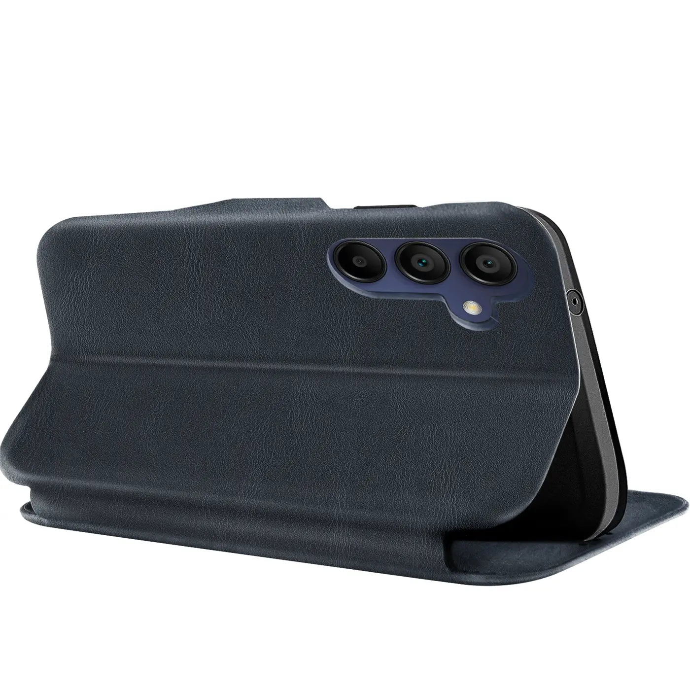 Dunkelblaue Kunstleder-Klapphülle mit Kartenfach für Samsung Galaxy A55 5G, Seitenansicht.