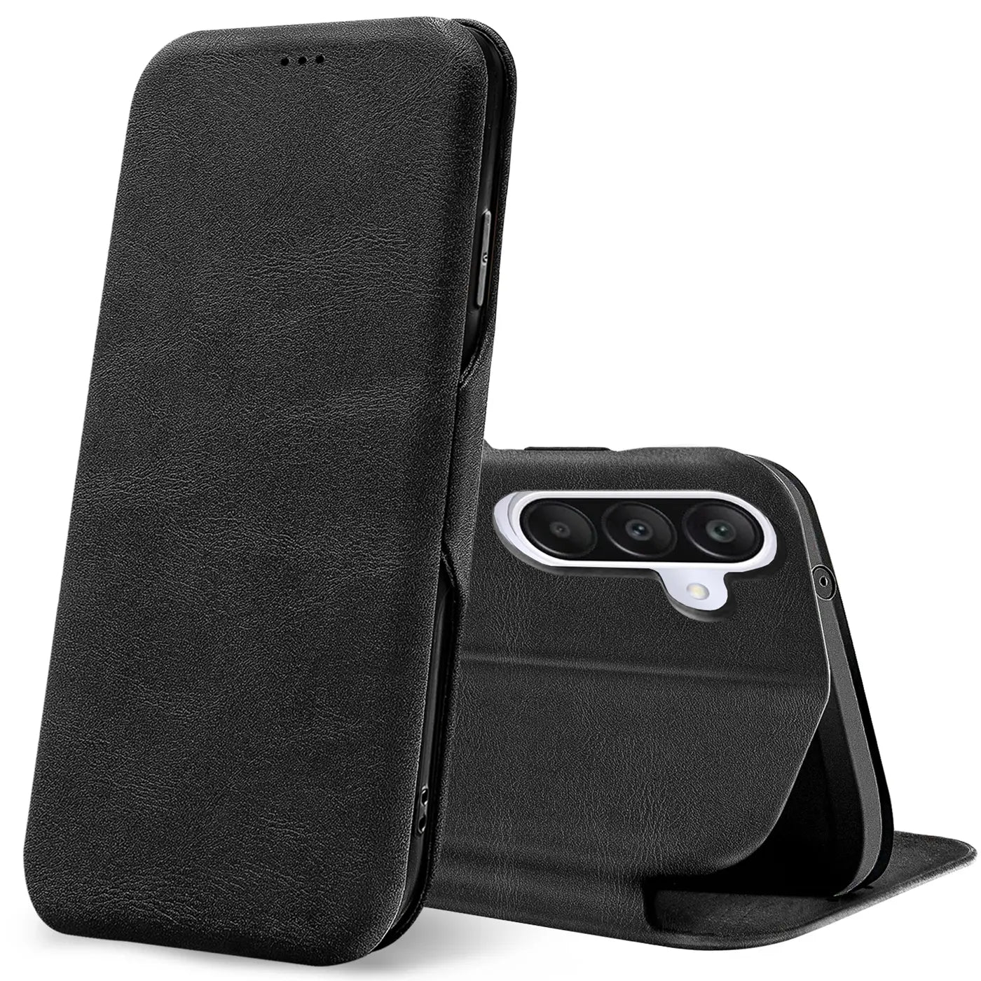 Schwarze Leder-Klapphülle mit Kartenfach, Vorderansicht, Samsung Galaxy A56 5G.