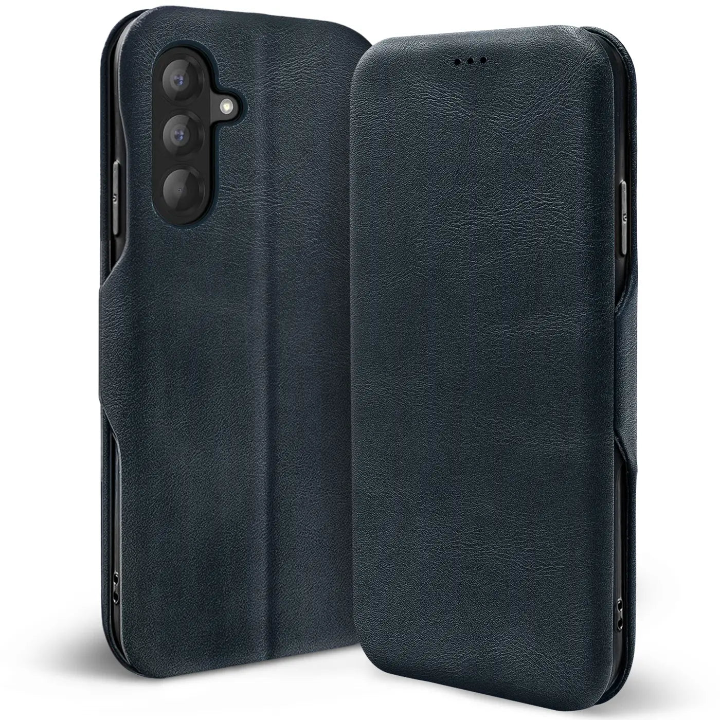 Dunkelblaue Leder-Klapphülle mit Kartenfach, Vorder- und Rückansicht, für Samsung Galaxy A57 5G.