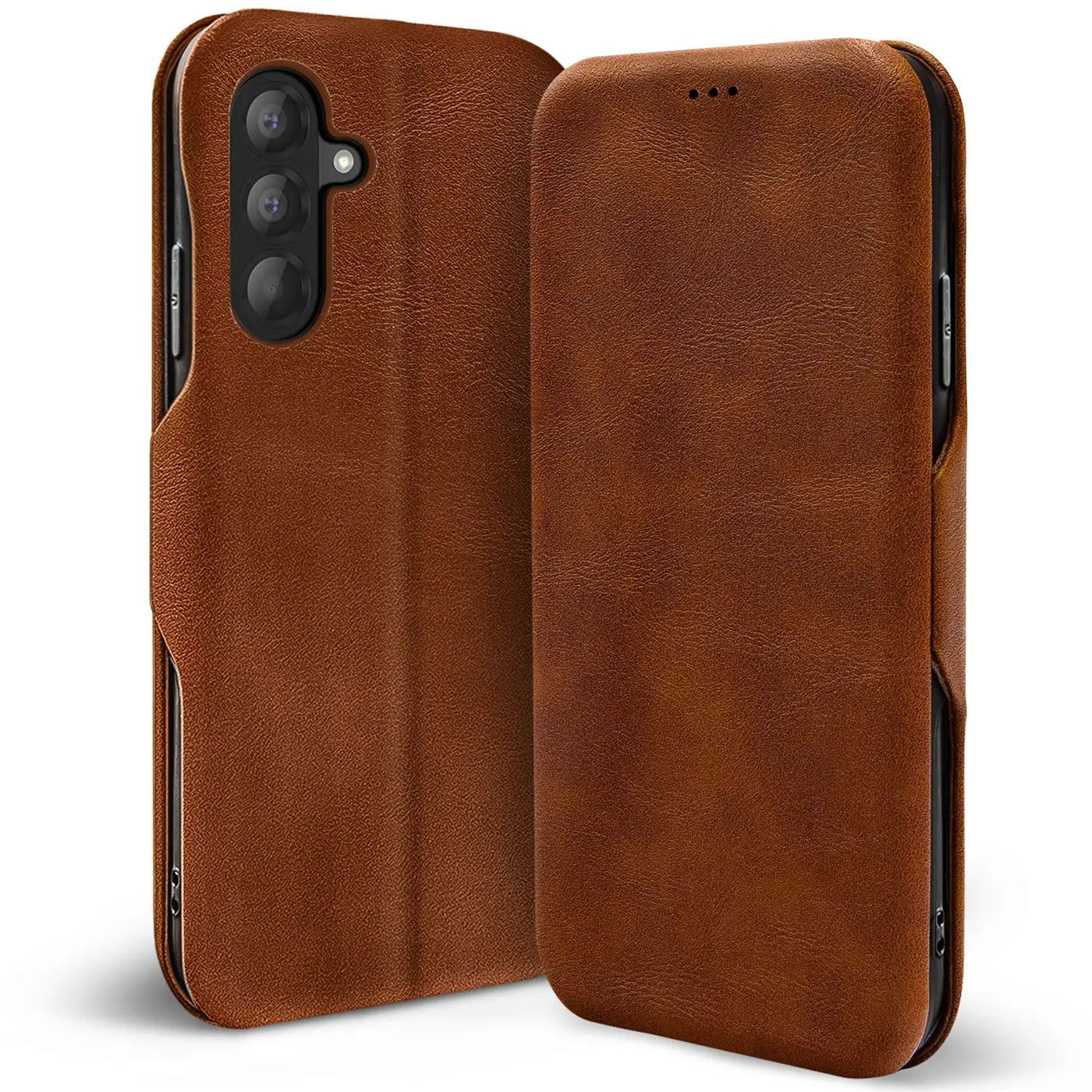 Braune Kunstleder-Klapphülle für Samsung Galaxy A57 5G, von vorne/seitlich gezeigt.