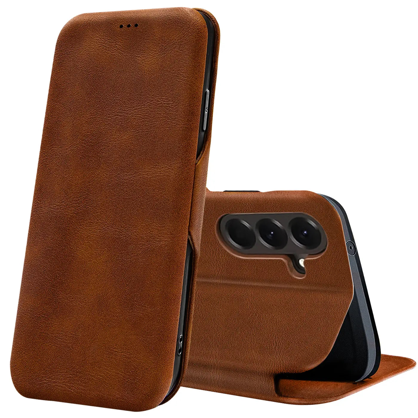Braune Kunstleder-Klapphülle für Samsung Galaxy A57 5G, Rückansicht mit Kamera.