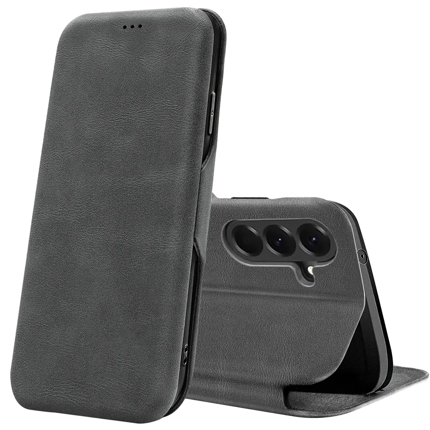 Graue Kunstleder-Klapphülle für Samsung Galaxy A57 5G, von vorne/seitlich