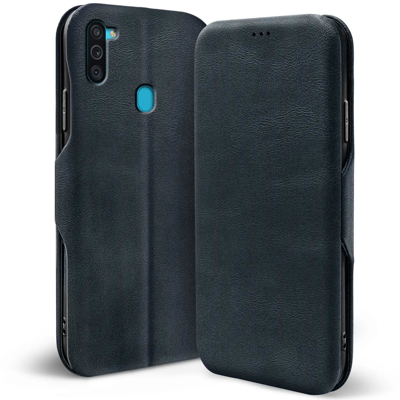 Dunkelblaue Leder-Klapphülle mit Kartenfach für Samsung Galaxy M11, Seitenansicht.