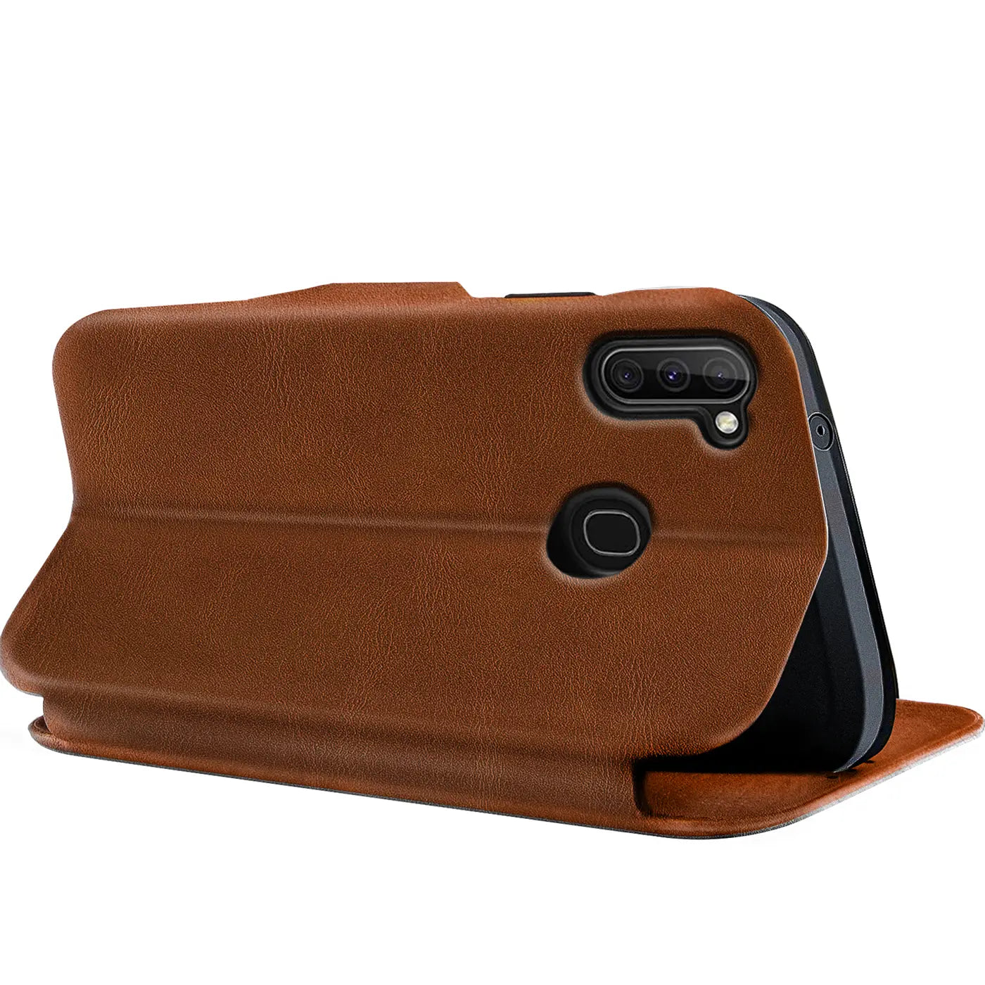 Braune Kunstleder-Klapphülle für Samsung Galaxy M11, Seitenansicht.