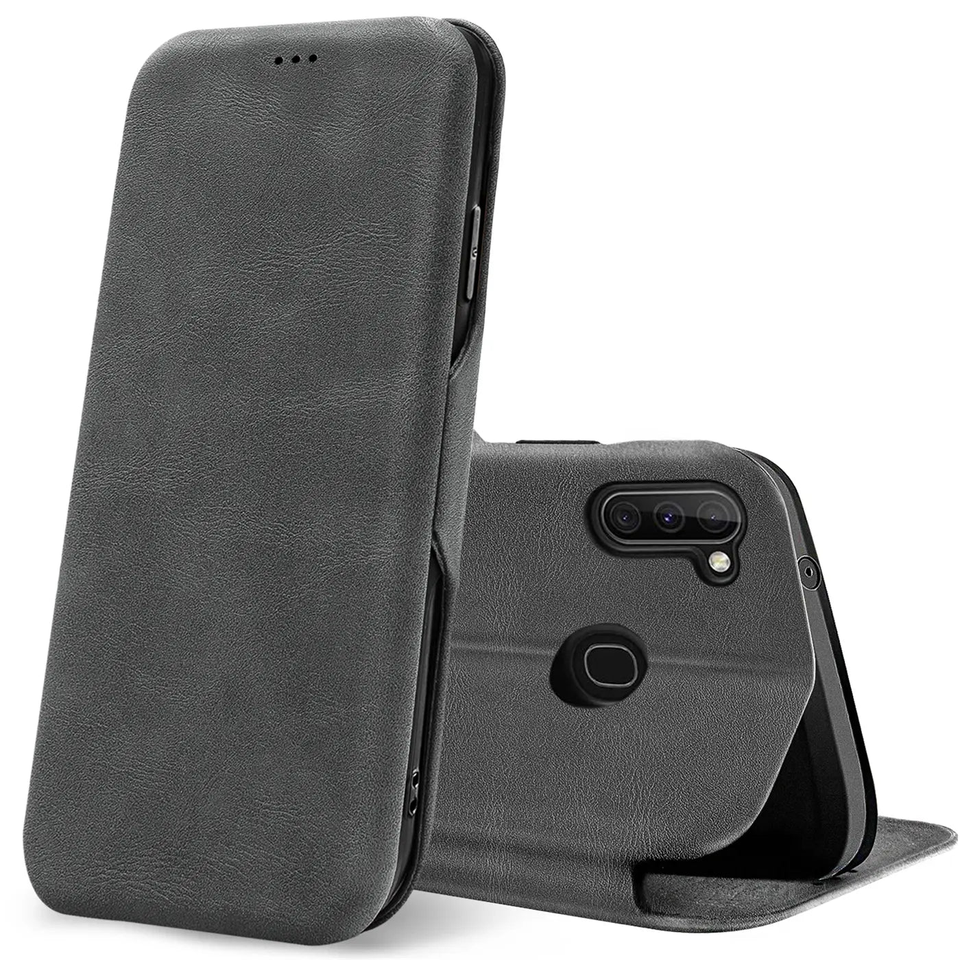 Dunkelgraue Kunstleder-Klapphülle, Seitenansicht, zeigt Rückseite Samsung Galaxy M11
