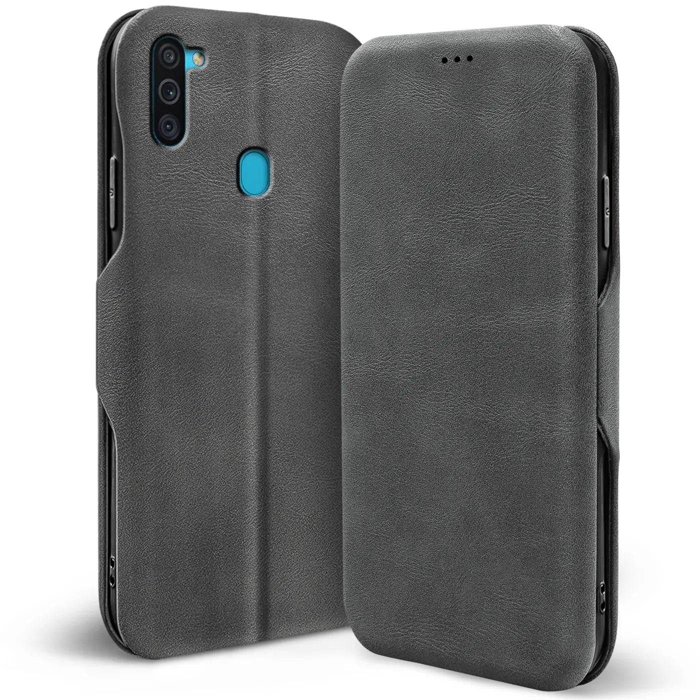 Graue Kunstleder-Klapphülle mit Kartenfach, Rückansicht, Samsung Galaxy M11 erkennbar.