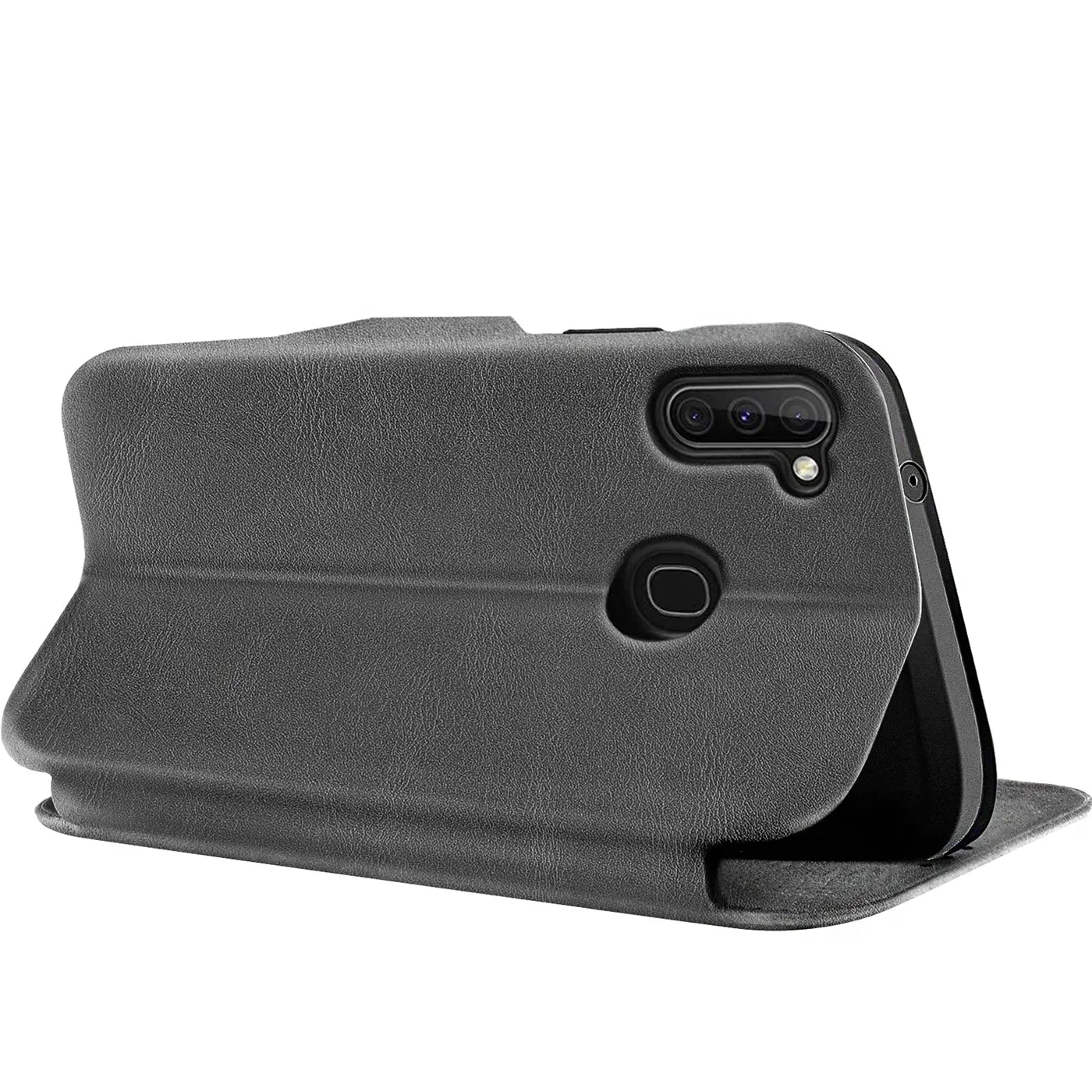 Graue Kunstleder-Klapphülle für Samsung Galaxy M11, Rückseite mit Kamera, von schräg rechts