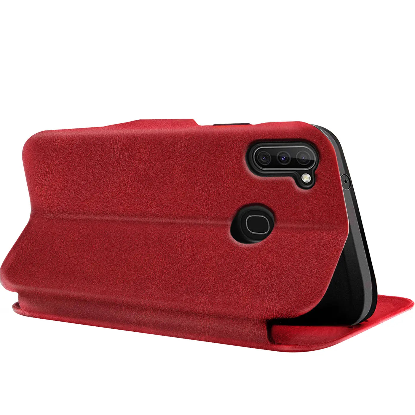 Rote Kunstleder-Klapphülle mit Kartenfach für Samsung Galaxy M11, Seitenansicht.