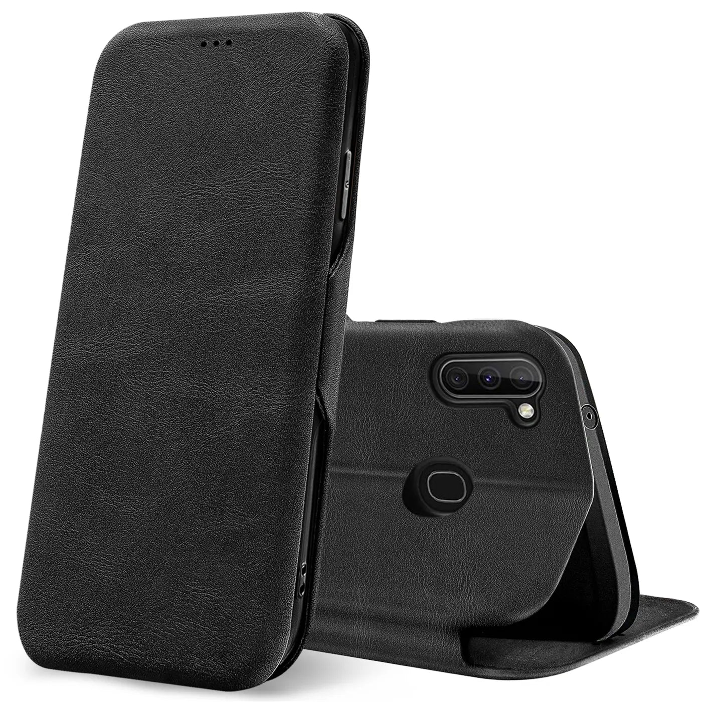Schwarze Leder-Klapphülle für Samsung Galaxy M11, von vorne/seitlich betrachtet