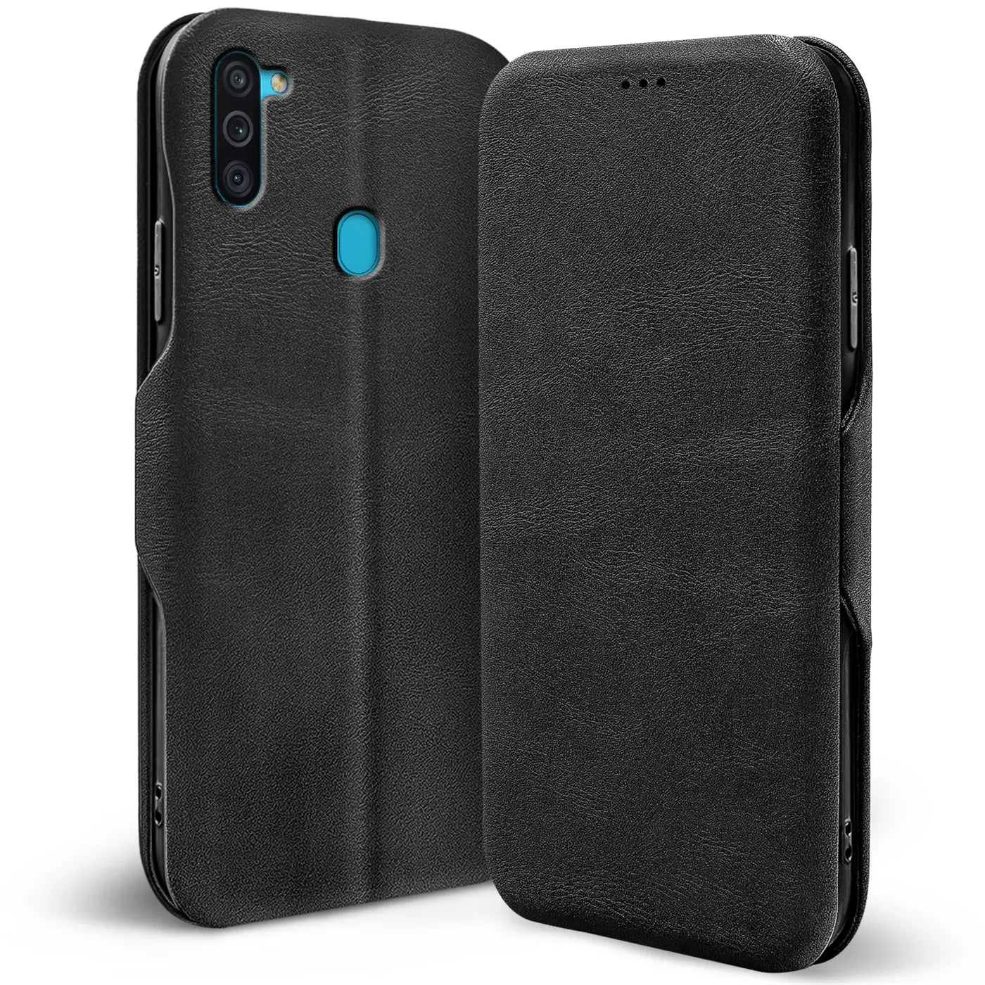 Schwarze Leder-Klapphülle mit Kartenfach, zeigt Rückseite und Vorderseite eines Samsung Galaxy M11.
