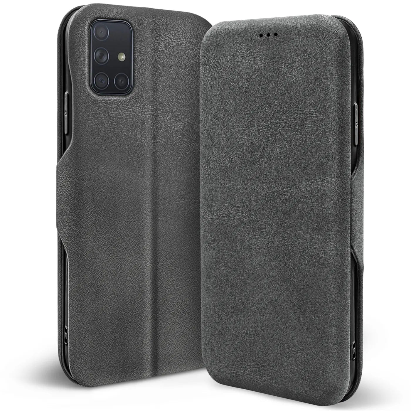 Graue Kunstleder-Klapphülle mit Kartenfach für Samsung Galaxy M31s, Vorder- und Rückansicht.