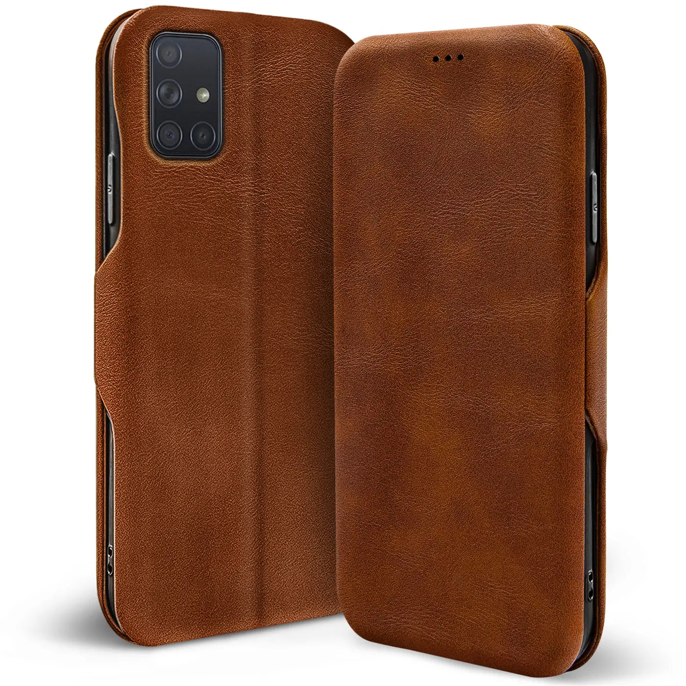 Braune Leder-Klapphülle mit Kartenfach für Samsung Galaxy M51, von vorne links