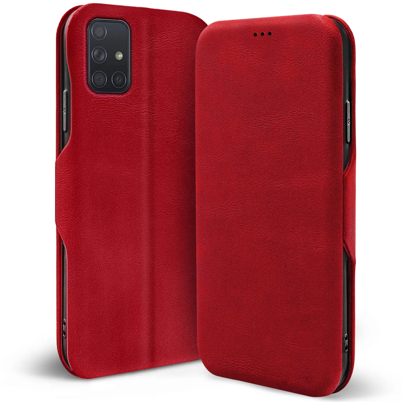 Rote Leder-Klapphülle für Samsung Galaxy M51, von vorne, mit Kartenfach.