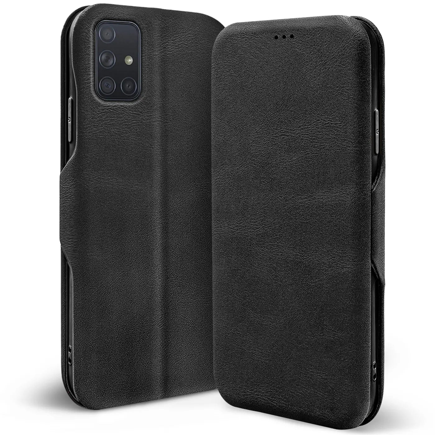 Schwarze Leder-Klapphülle mit Kartenfach, Vorder- und Rückansicht, für Samsung Galaxy M51.