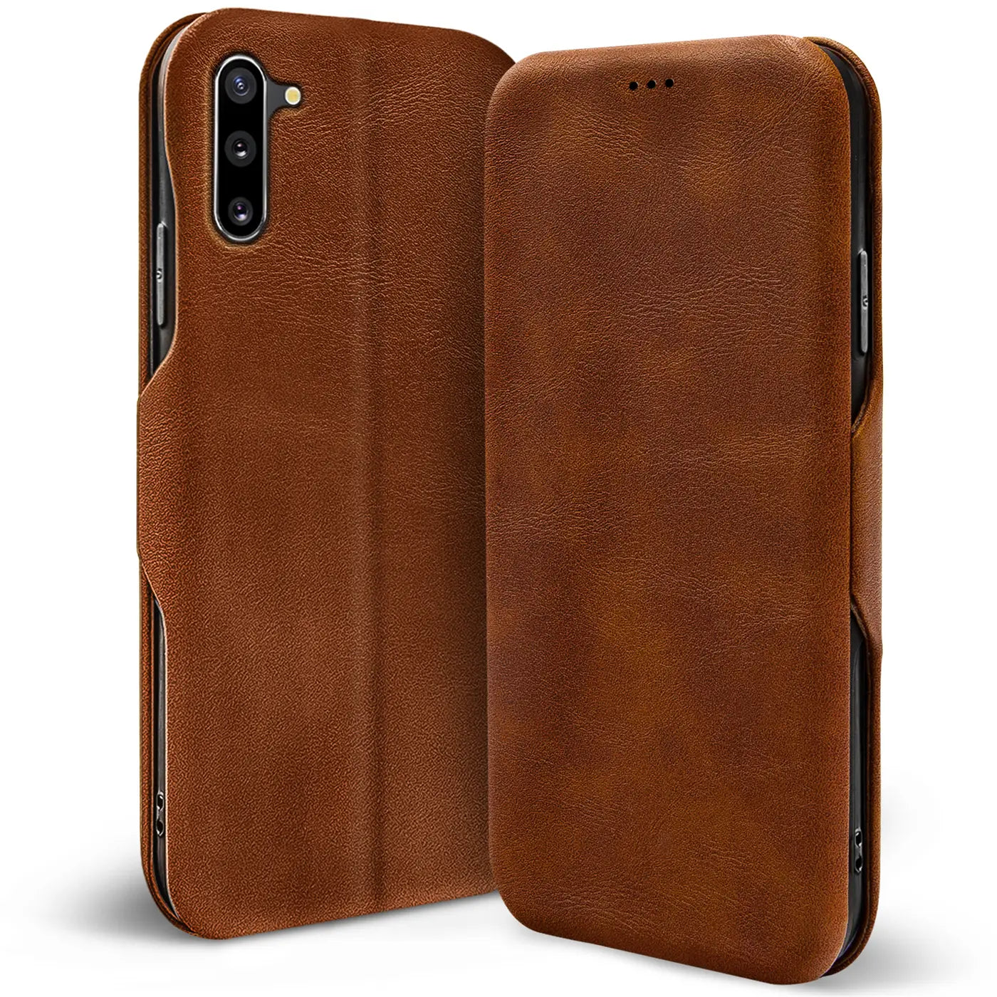 Braune Leder-Klapphülle mit Kartenfach für Samsung Galaxy Note 10, von vorne/seitlich