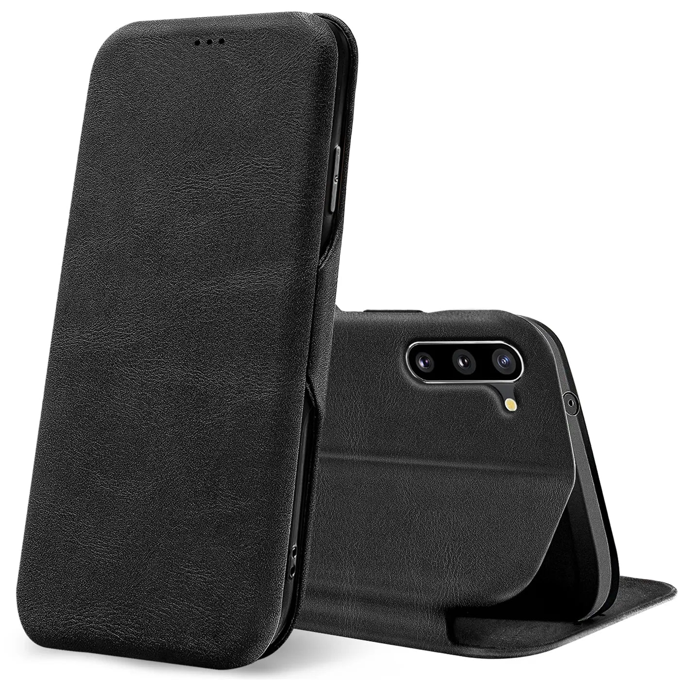 Schwarze Leder-Klapphülle für Samsung Galaxy Note 10, von vorne und hinten gezeigt.