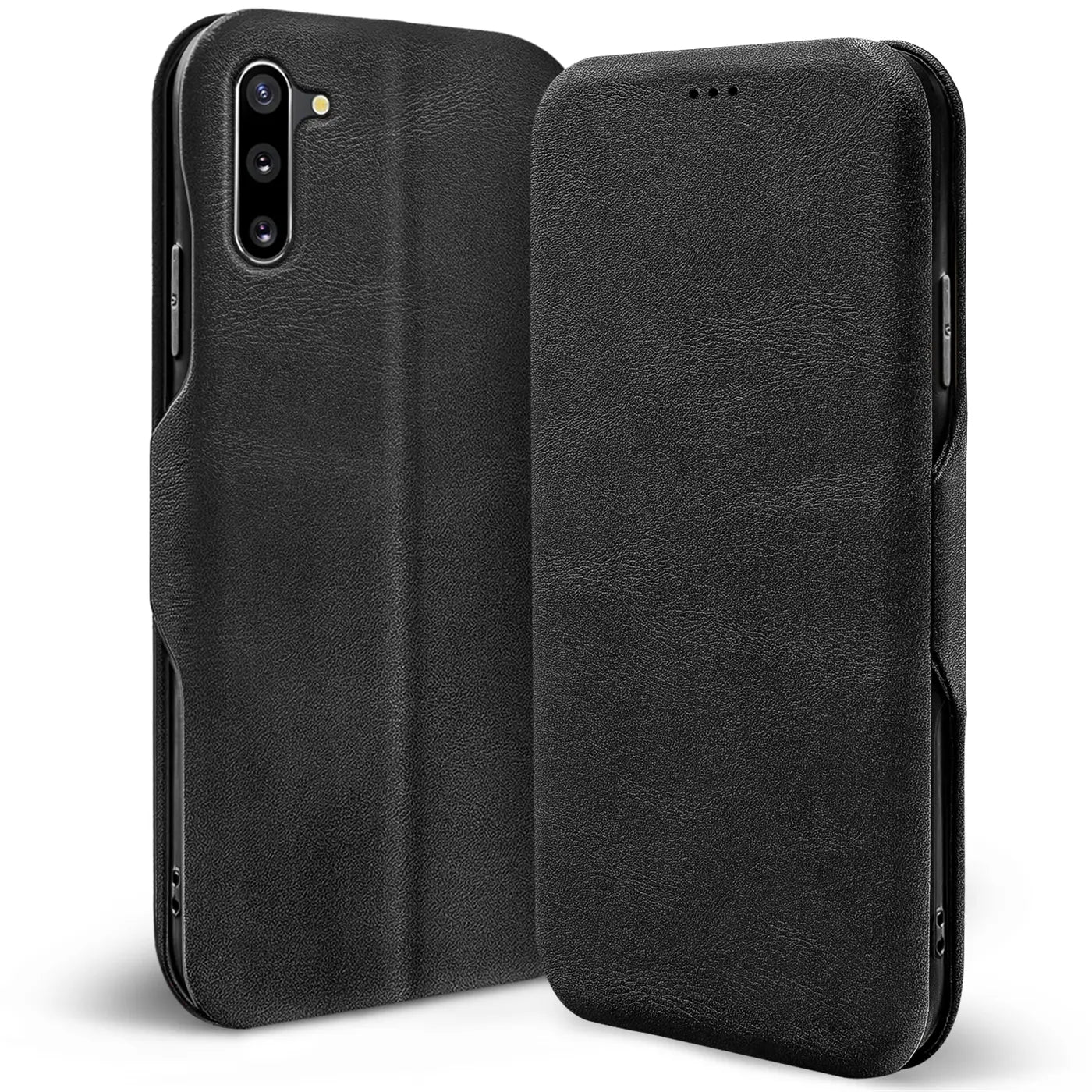 Schwarze Leder-Klapphülle mit Kartenfach für Samsung Galaxy Note 10, von vorne/seitlich