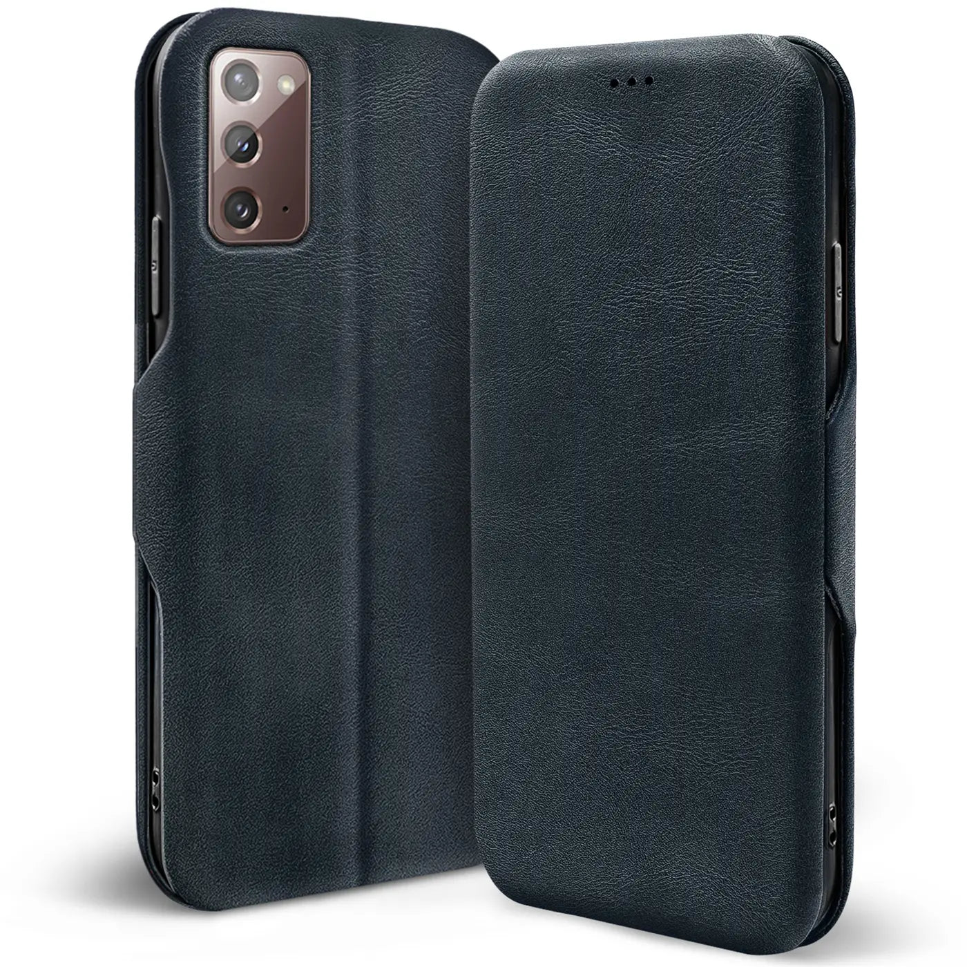 Dunkelblaue Leder-Klapphülle mit Kartenfach für Samsung Galaxy Note 20, Vorder- und Rückansicht.