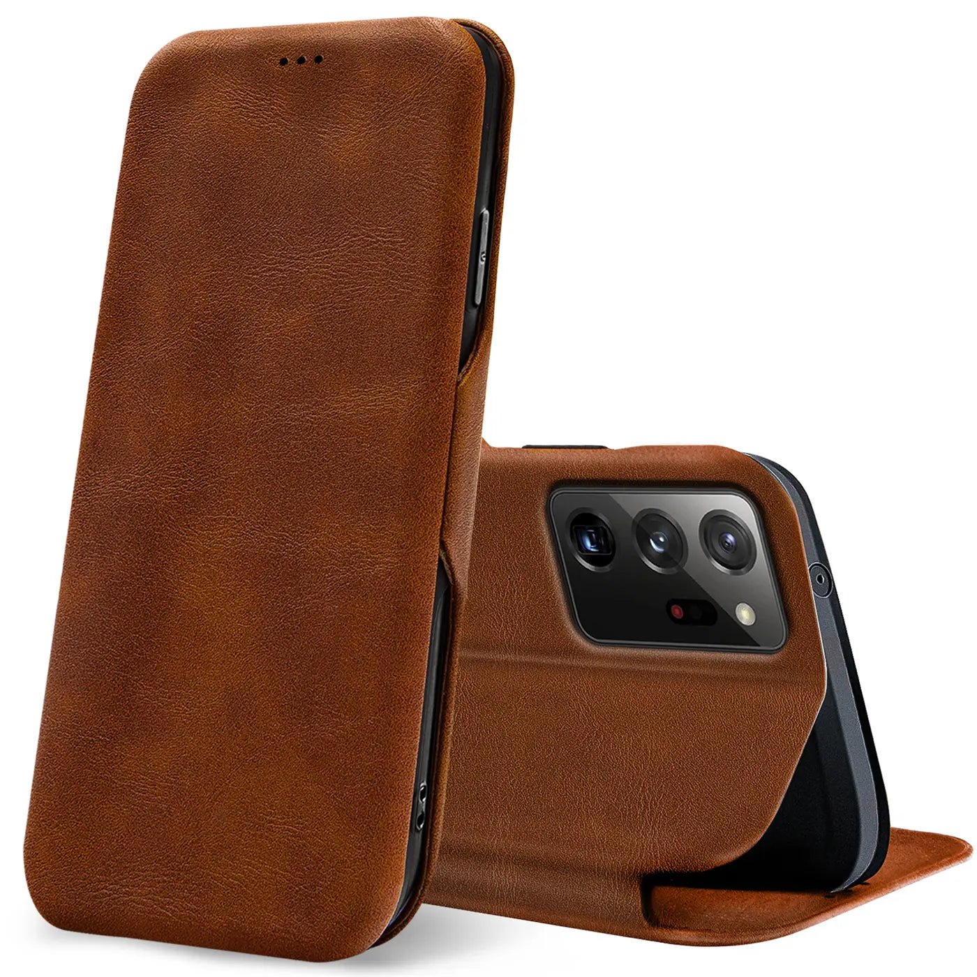 Braune Leder-Klapphülle mit Kartenfach für Samsung Galaxy Note 20 Ultra, Seitenansicht.