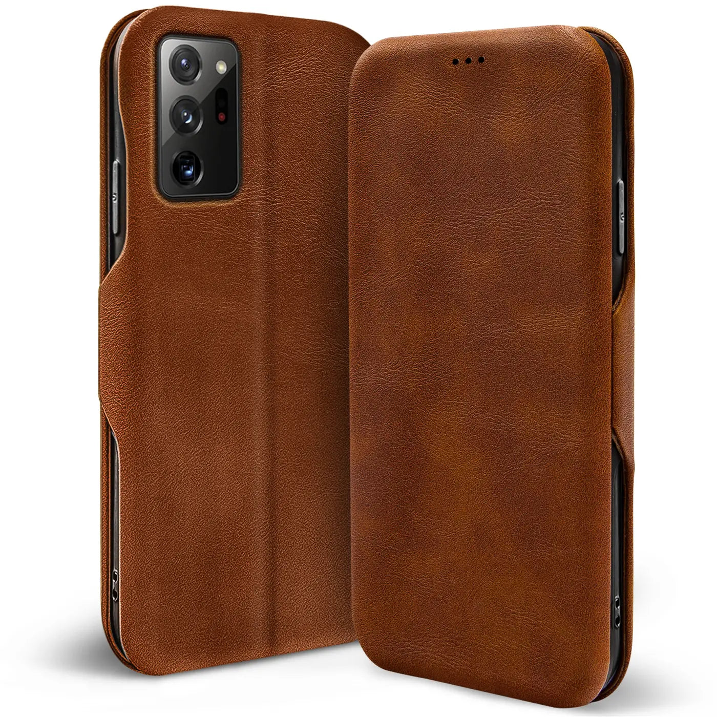 Braune Leder-Klapphülle für Samsung Galaxy Note 20 Ultra, von vorne links, mit Kartenfach.