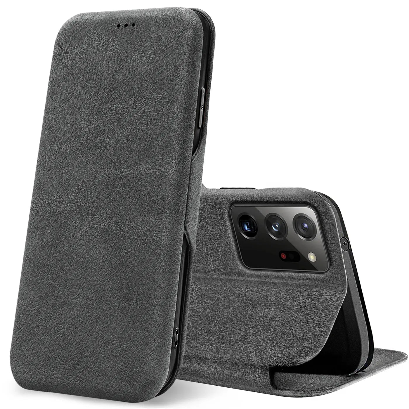 Graue Kunstleder-Klapphülle, seitliche Ansicht, zeigt Samsung Galaxy Note 20 Ultra Rückseite