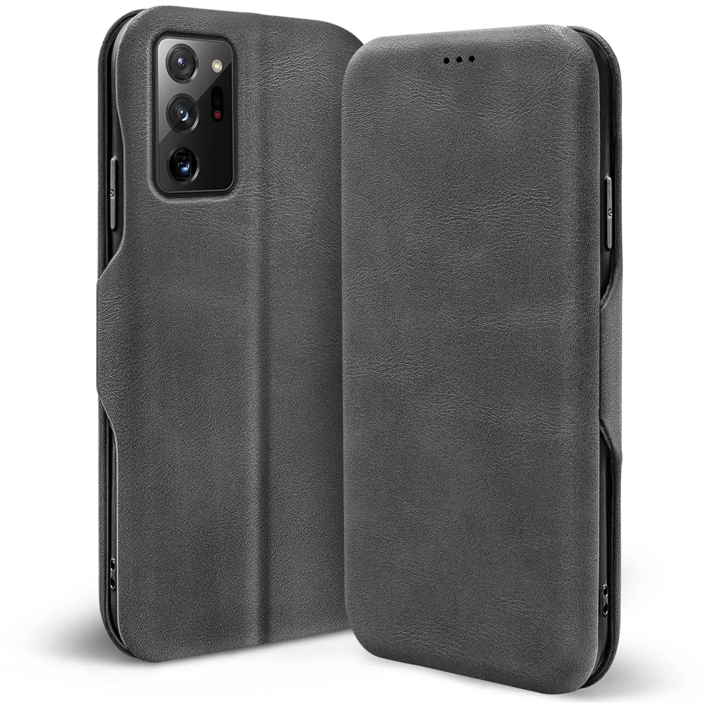 Graue Leder-Klapphülle mit Kartenfach für Samsung Galaxy Note 20 Ultra, Vorder- und Rückansicht.